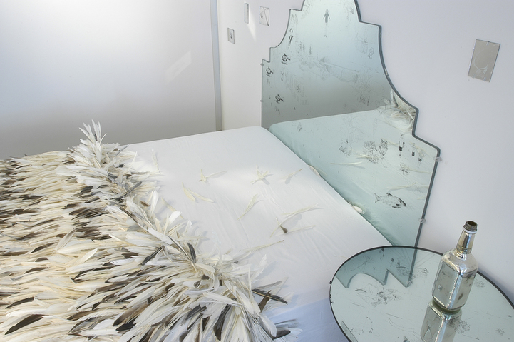 Anne Peabody Drawings Sterling silver leaf, feathers glass, paint, bed, bottle