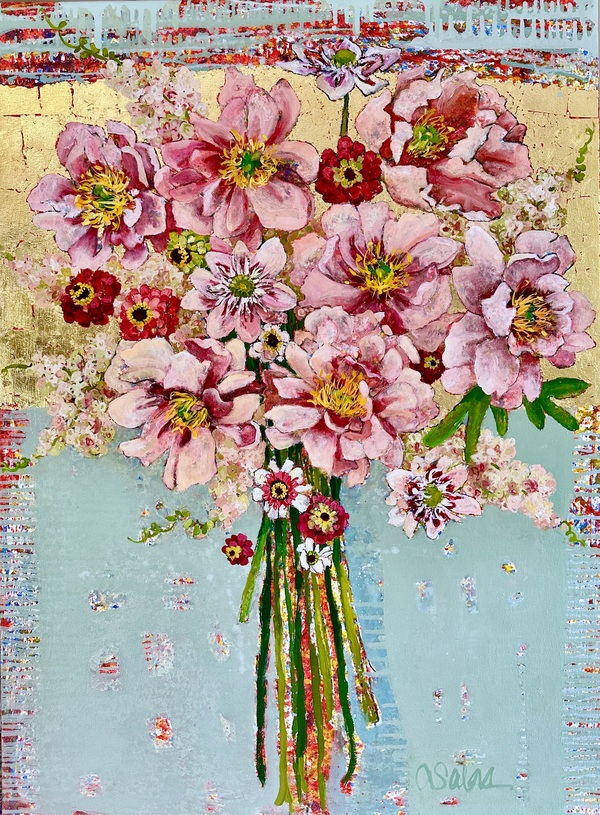 Peonies, Dahlias and Zinnias #2105 Anne Salas Paintings Oil on Canvas, 23Karat Gold Leaf