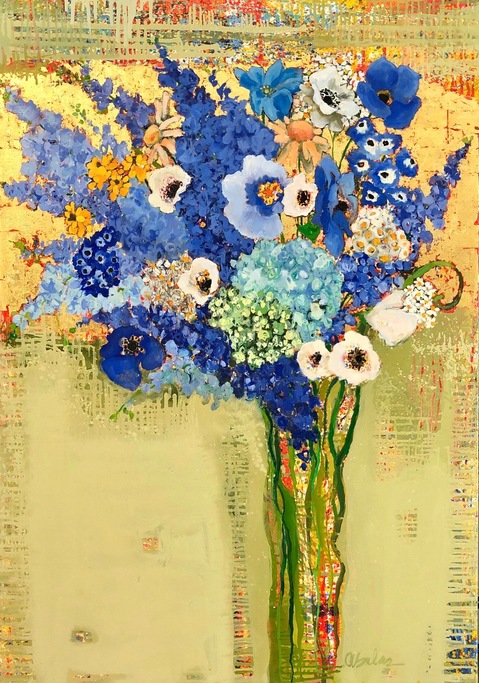 Delphimiun Bouquet #1555 Anne Salas Paintings oil on canvas with 23kt gold leaf