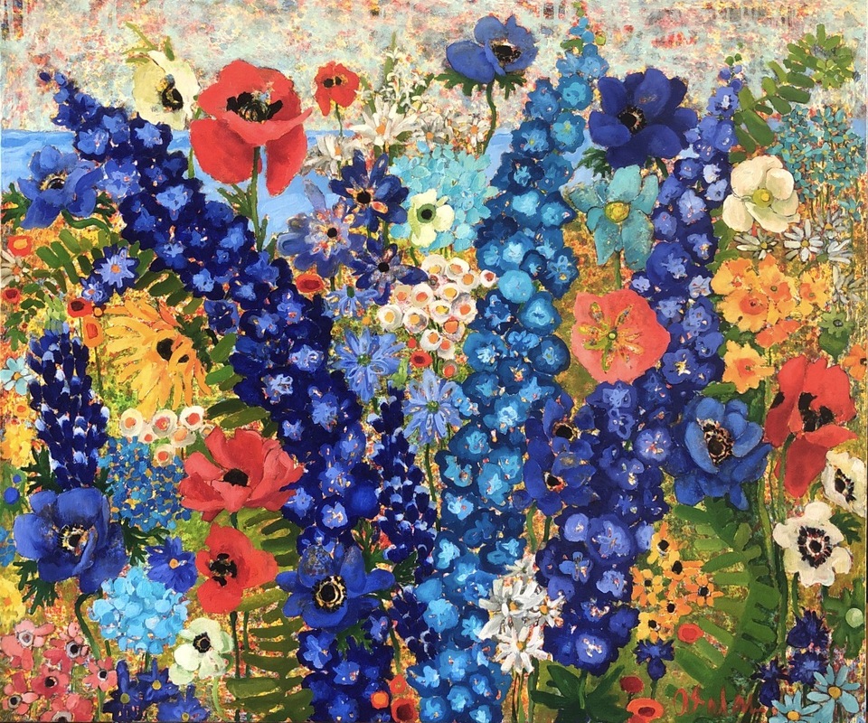 Blue Himalayan Poppies #1414 Anne Salas Paintings Oil on Canvas with 23K Gold Leaf