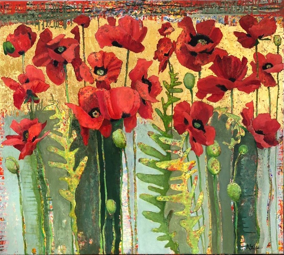 Red Poppies #1613 Anne Salas Paintings Oil on Canvas with 23Kt Gold Leaf