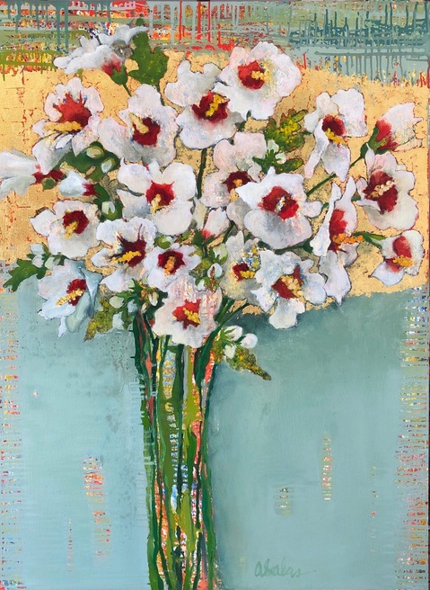 White Hibiscus #1583 Anne Salas Paintings Oil on Canvas with 23Kt Gold Leaf