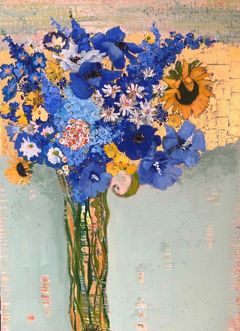 Blue Bouquet #1584 Anne Salas Paintings Oil on Canvas with 23Kt Gold Leaf