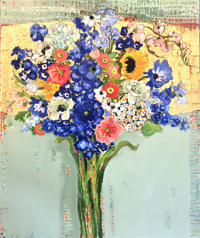 Delphinium #1638 Anne Salas Paintings Oil on Canvas with 23Kt Gold Leaf