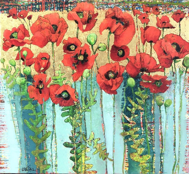 Red Poppies #1455 Anne Salas Paintings Oil on Canvas with 23Kt Gold Leaf