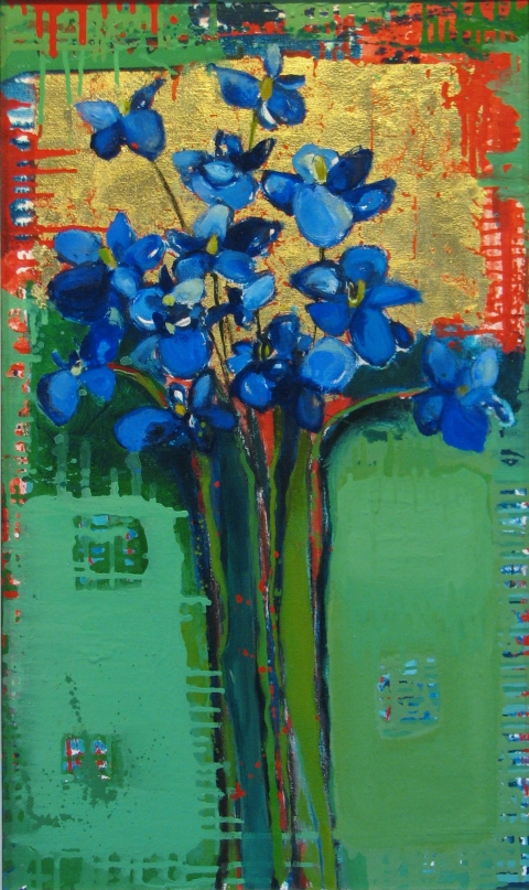 Blue Violets Anne Salas Paintings oil, 22kt gold leaf on canvas