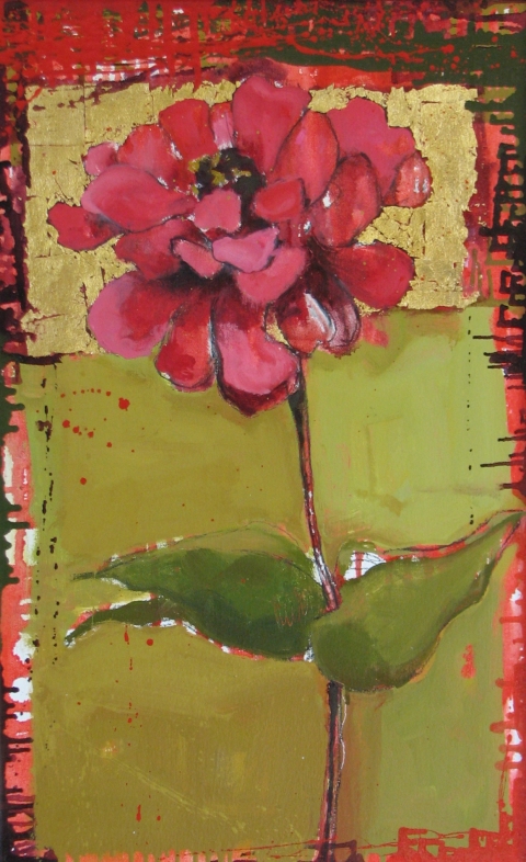 Red Zinnia #652 Anne Salas Paintings oil, 22kt Florentine gold leaf on canvas