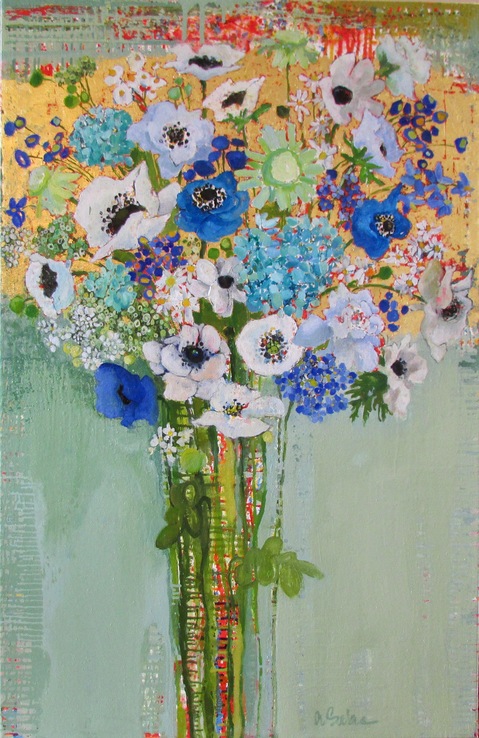 Blue Bouquet #1500 Anne Salas Paintings oil on canvas with 23kt gold leaf