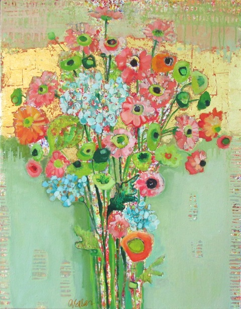 Summer Posy #1438 Anne Salas Paintings oil on canvas with 23kt gold leaf