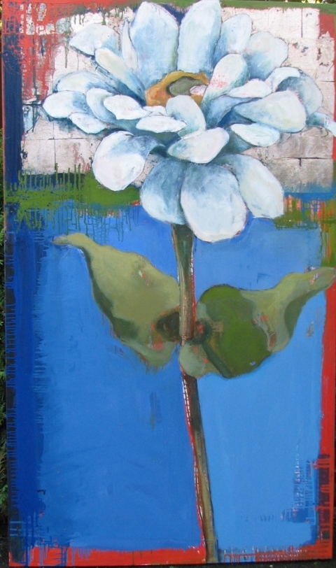 White Zinnia Anne Salas Paintings oil on canvas with pure silver leaf