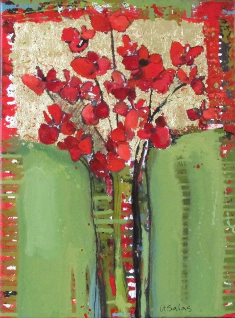 Red Blossoms #805 Anne Salas Paintings Oil, 22kt gold leaf on canvas