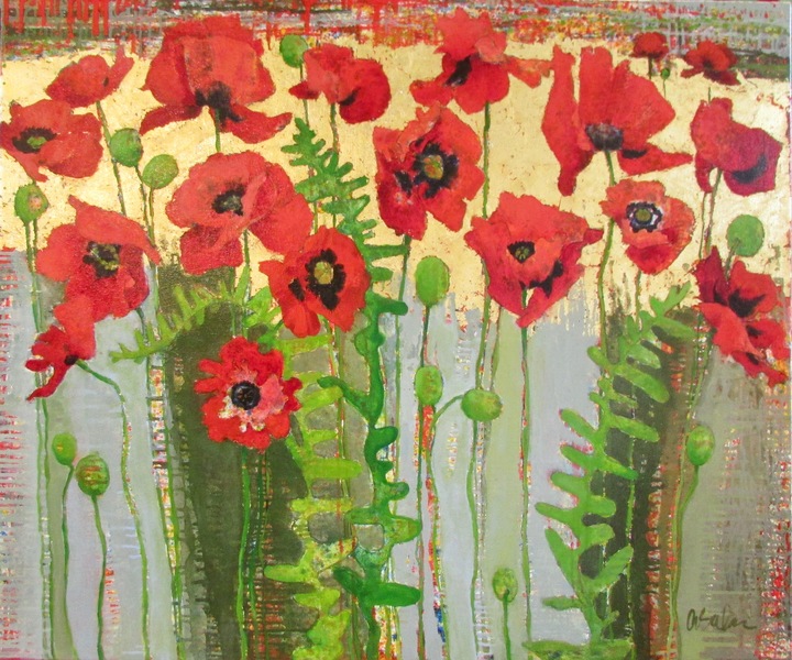 Red Poppies #1503 Anne Salas Paintings oil on canvas with 23kt gold leaf