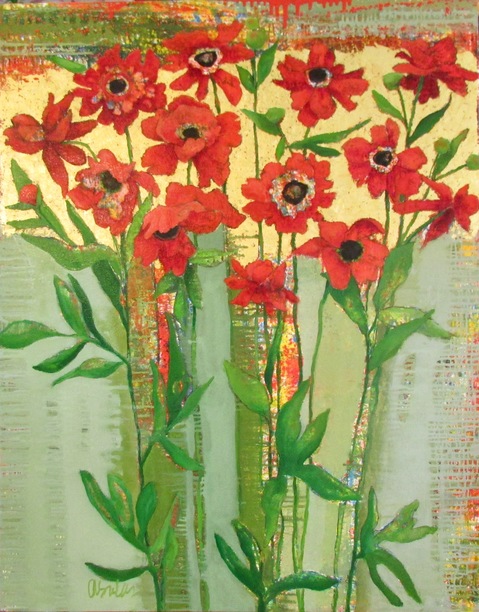 Red Peonies #1504 Anne Salas Paintings oil on canvas with 23kt gold leaf