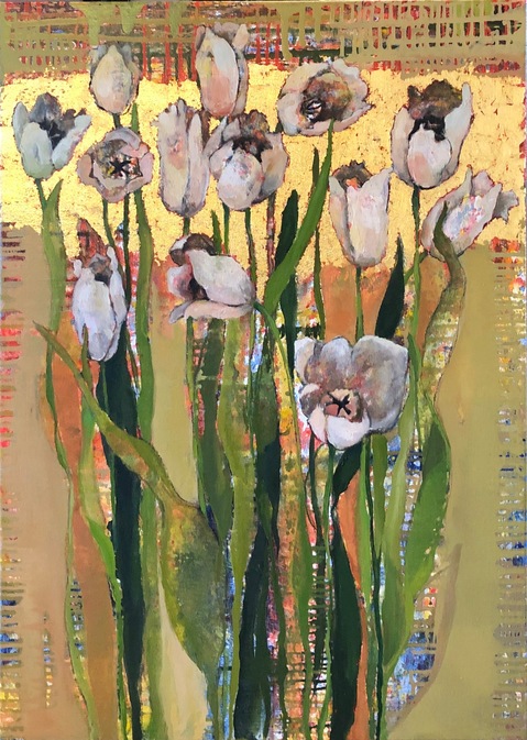 White Tulips #1521 Anne Salas Paintings oil on canvas with 23kt gold leaf