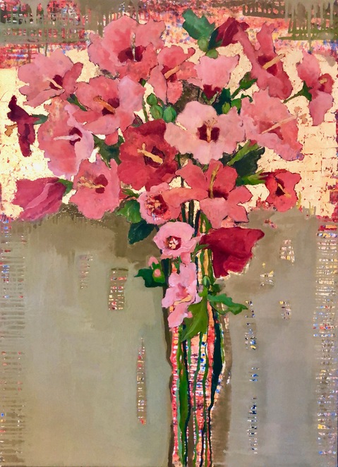 Hibiscus #1520 Anne Salas Paintings oil on canvas with 23kt gold leaf