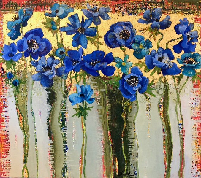 Blue Anemone. #1522 Anne Salas Paintings oil on canvas with 23kt gold leaf