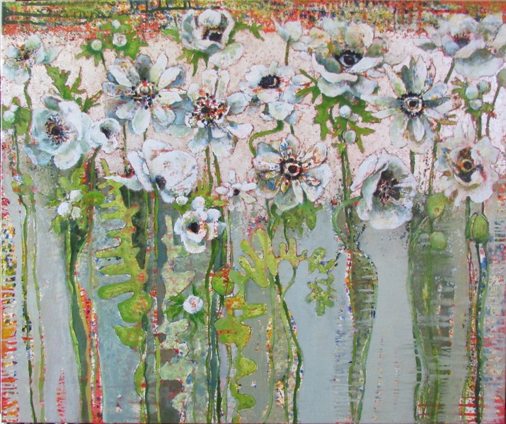 White Poppies #1415 Anne Salas Paintings oil on canvas, pure silver leaf