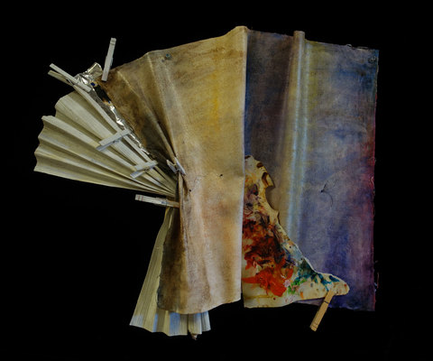 ANN STODDARD Earth Maps oil on manipulated linen, painted open mesh/stiff fabric, paper, foil tape and clothespins