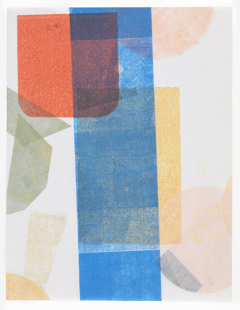 Red Square Blue Stripe Austin Thomas Works Monoprinted with Akua Intaglio Ink on typing paper
