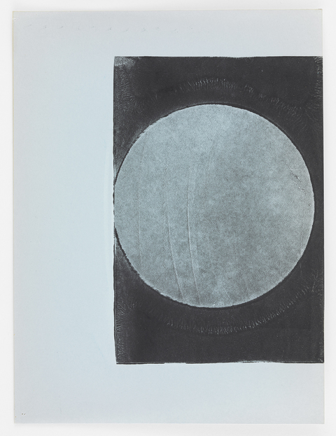 Black Square Circle Austin Thomas Works Monoprinted with Akua Intaglio Ink on blue stationary