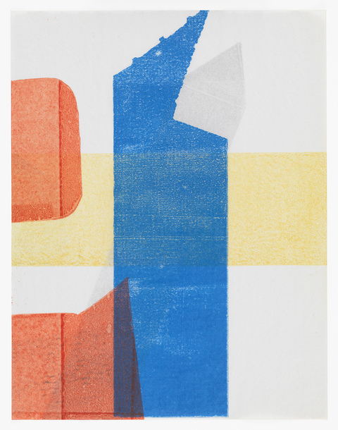 Shaper, Blue, Red, Yellow, Gray Austin Thomas Works Monoprinted with Akua Intaglio Ink on typing paper