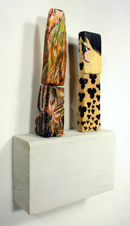 FOUR THREE DIMENSIONAL PAINTINGS ASSEMBLED AS TWO TOTEMS Bridget Mullen Archive Wood, acrylic paint