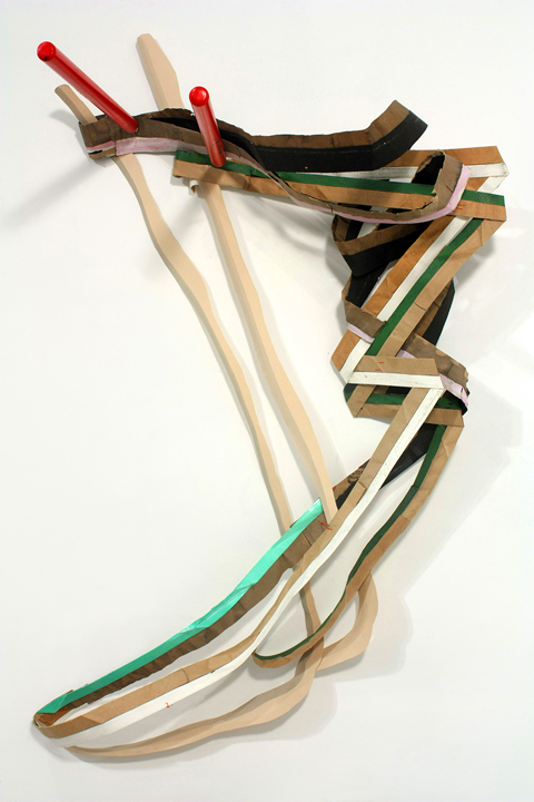 Untitled (hold/let) Bridget Mullen Archive Tar paper, folder paper, banding plastic, brown paper bag handles, acrylic paint, ink, thread, wooden stakes