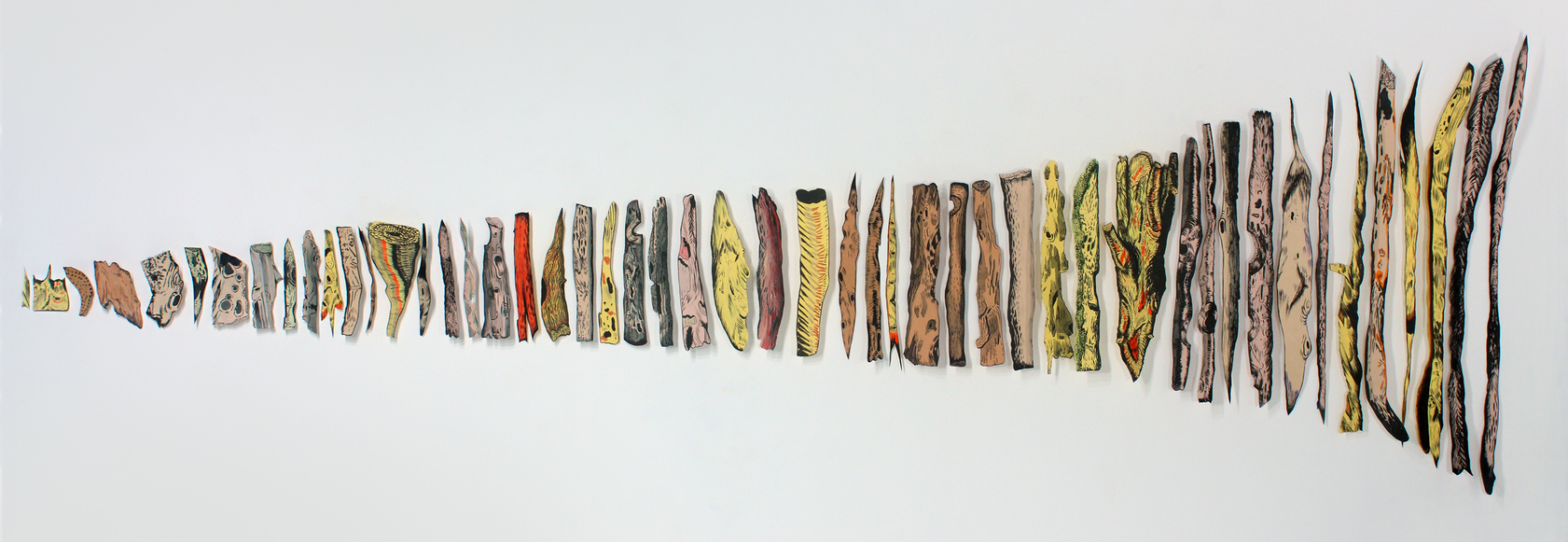 THE COMPLETE RECOLLECTION OF MY LAST NEW EXPERIENCE Bridget Mullen Archive Acrylic paint and ink on paper, each piece mounted on wall