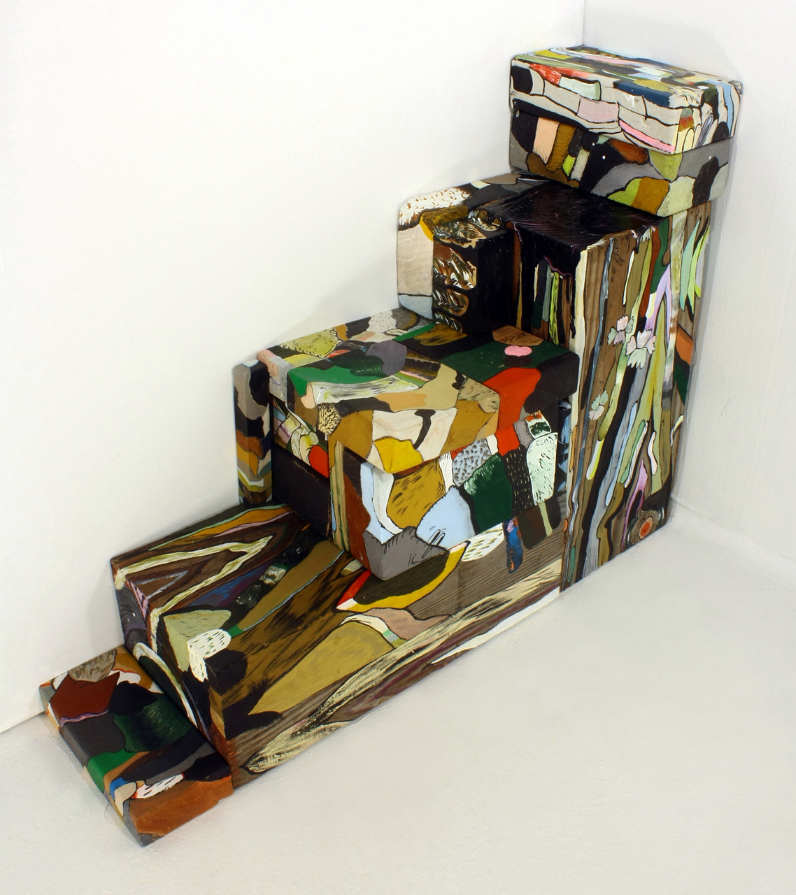 FOURTEEN THREE DIMENSIONAL PAINTINGS ASSEMBLED AS STAIRS Bridget Mullen Archive Wood, acrylic paint, styrofoam, brick, cardboard