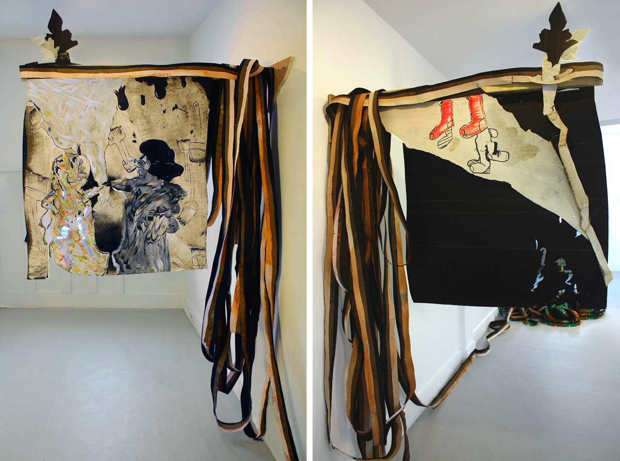 Untitled (front and back) Bridget Mullen Archive Tar paper, acrylic paint, brown paper bags, ink, banding plastic, wood, tarp
