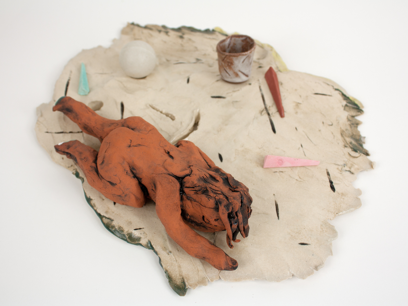 "Self Portrait As A Dream About Ruining My Brushes" Bridget Mullen New Work Fired Clay, glaze, kiln cones, ping pong ball