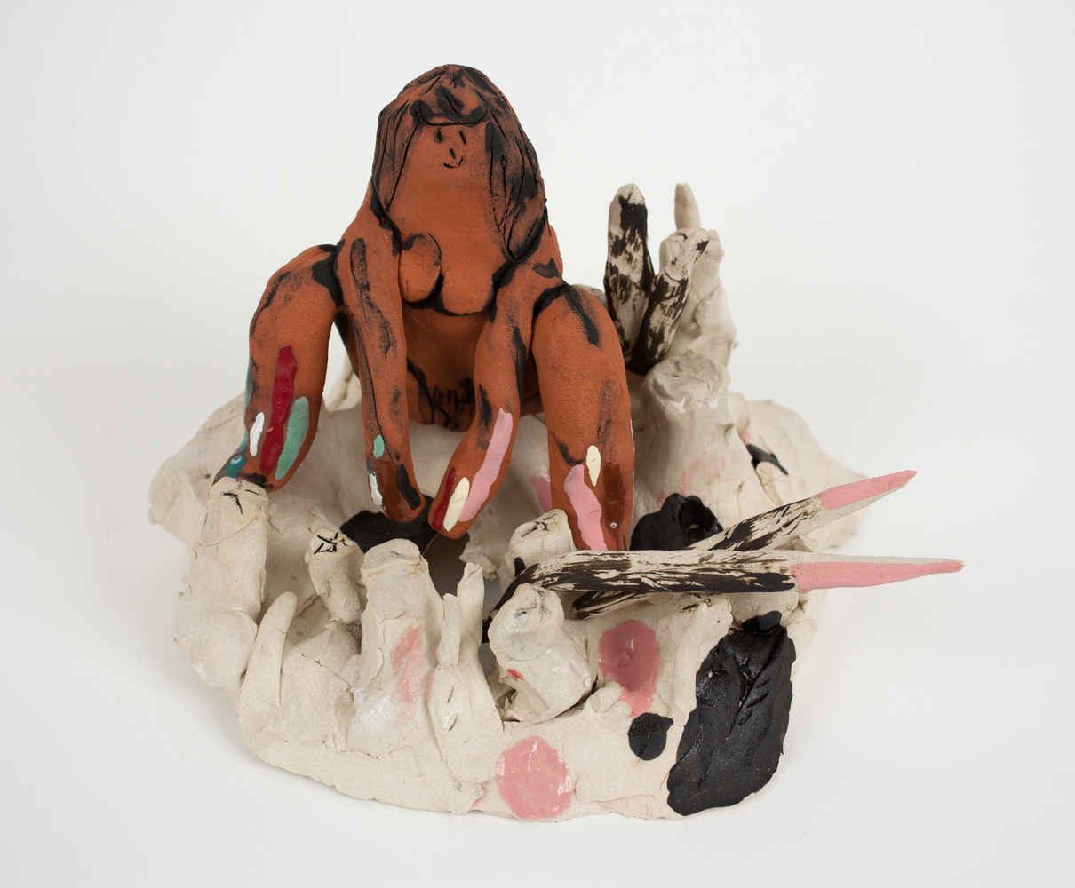 "Self Portrait Washing Brushes" Bridget Mullen New Work Fired Clay, glaze