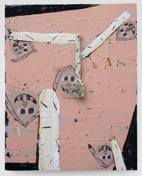 "New Rules" Bridget Mullen New Work Acrylic paint, spray paint, fired clay, glaze, panel
