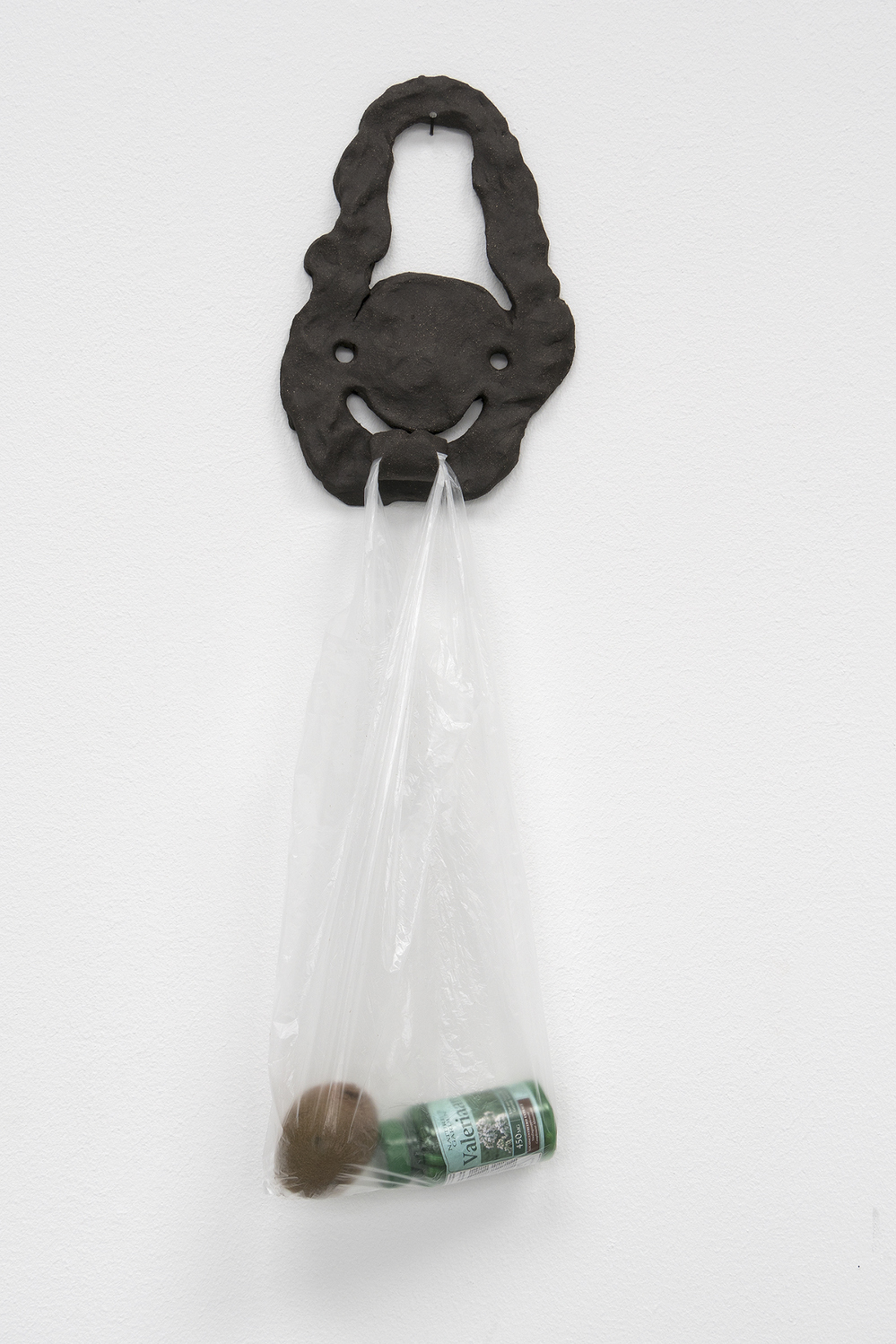"Hook" Bridget Mullen New Work Fired clay, plastic bag, valerian, kiwi