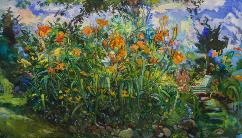 Tree Rising From Horizontal Lilies GREEN oil on canvas