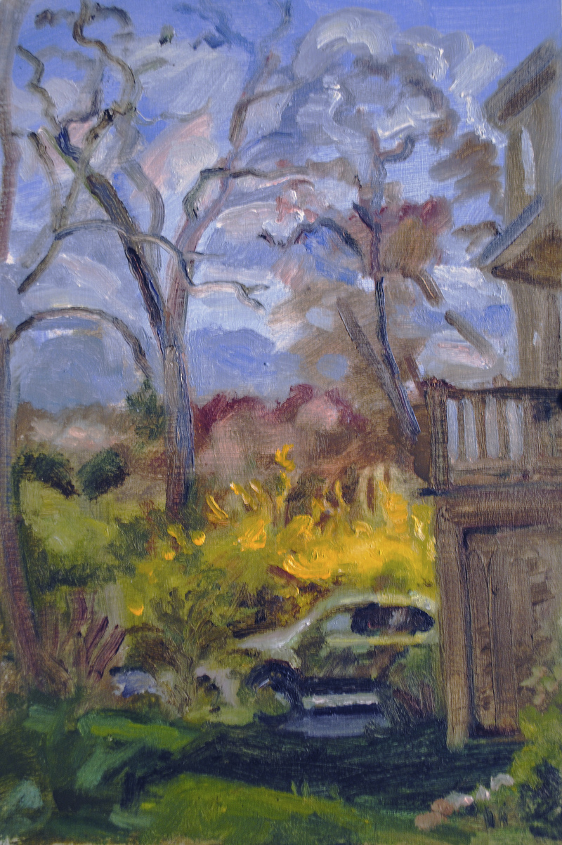 Honda and Yellow bush view out front GREEN oil on panel