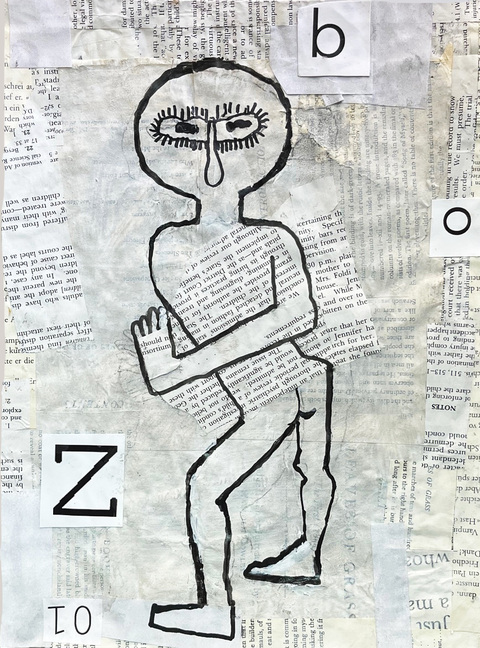 #1 Angled Answer Carol Bruns Drawings 2025 ink, paper, book pages, wood cradle, beeswax