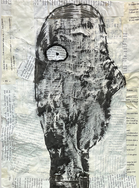 #2 Inner Vision Carol Bruns Drawings 2025 ink, paper, book pages, collage, wood cradle, beeswax