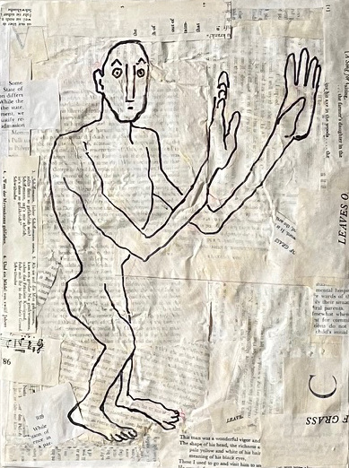 #4 Dancing No Carol Bruns Drawings 2025 ink, paper, book pages, wood cradle, beeswax