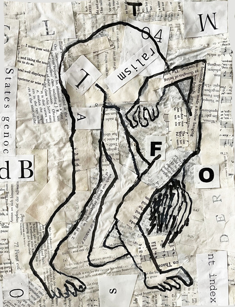 #6 Lost Carol Bruns Drawings 2025 ink, paper, book pages, wood cradle, beeswax