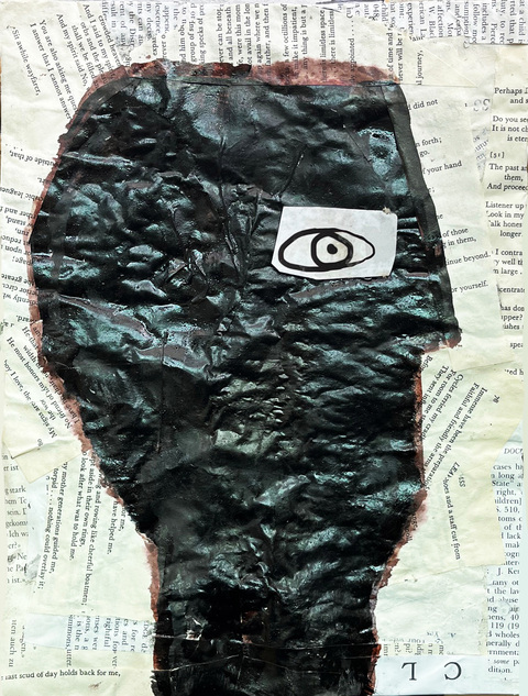 #7 Mythic Mind Carol Bruns Drawings 2025 ink, paper, book pages, collage, wood cradle, beeswax