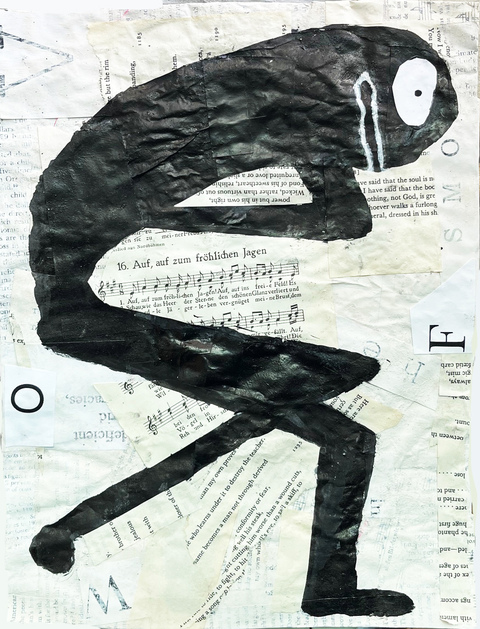 #8 One Eyed Jack Carol Bruns Drawings 2025 ink, paper, book pages, wood cradle, beeswax