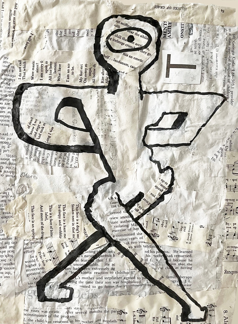 #9 Dream Carol Bruns Drawings 2025 ink, paper, book pages, wood cradle, beeswax
