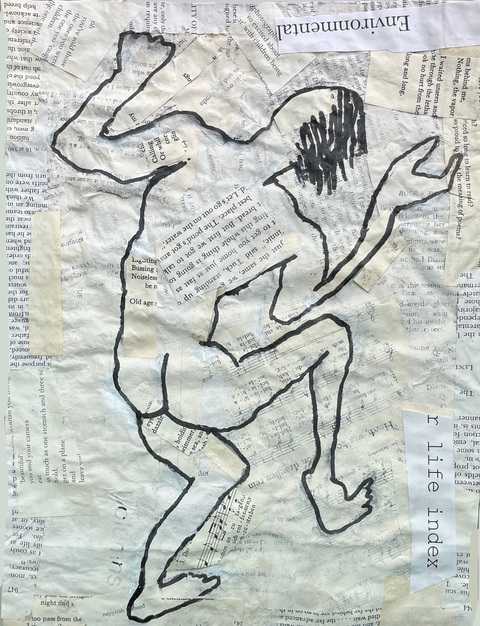 #10 Dance Moment Carol Bruns Drawings 2025 ink, paper, book pages, collage, wood cradle, beeswax