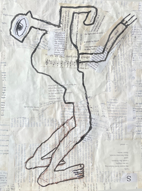 #11 Dance of Inner Vision Carol Bruns Drawings 2025 ink, print, paper, book pages, collage, wood cradle, beeswax