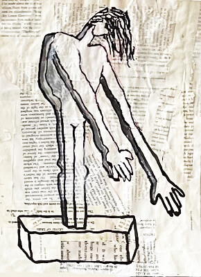 #12 Out of Reach Carol Bruns Drawings 2025 ink paper, collaged book pages, wood cradle, beeswax