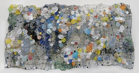 Caroline Lathan-Stiefel  Recent Wall Sculptures (2011-2012) pipe cleaners, fabric, plastic cut from shopping bags, wire, thread, pins