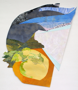 CAROLYN SWIFT Shaped Pieces mixed media collage:  woodcut, relief, acrylic ink and paint, colored pencil