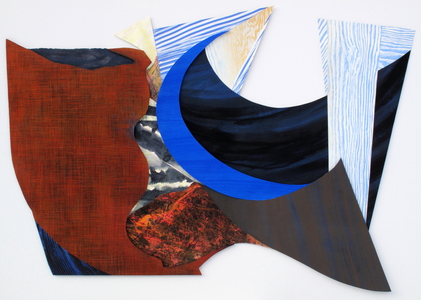 CAROLYN SWIFT Shaped Pieces mixed media relief and collage: woodcut, relief, acrylic ink and paint, colored pencil