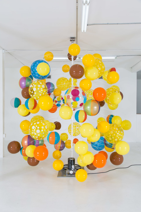 "Science Project" CHARLEY FRIEDMAN Installation Images beach balls, motor, machined parts, steel rod